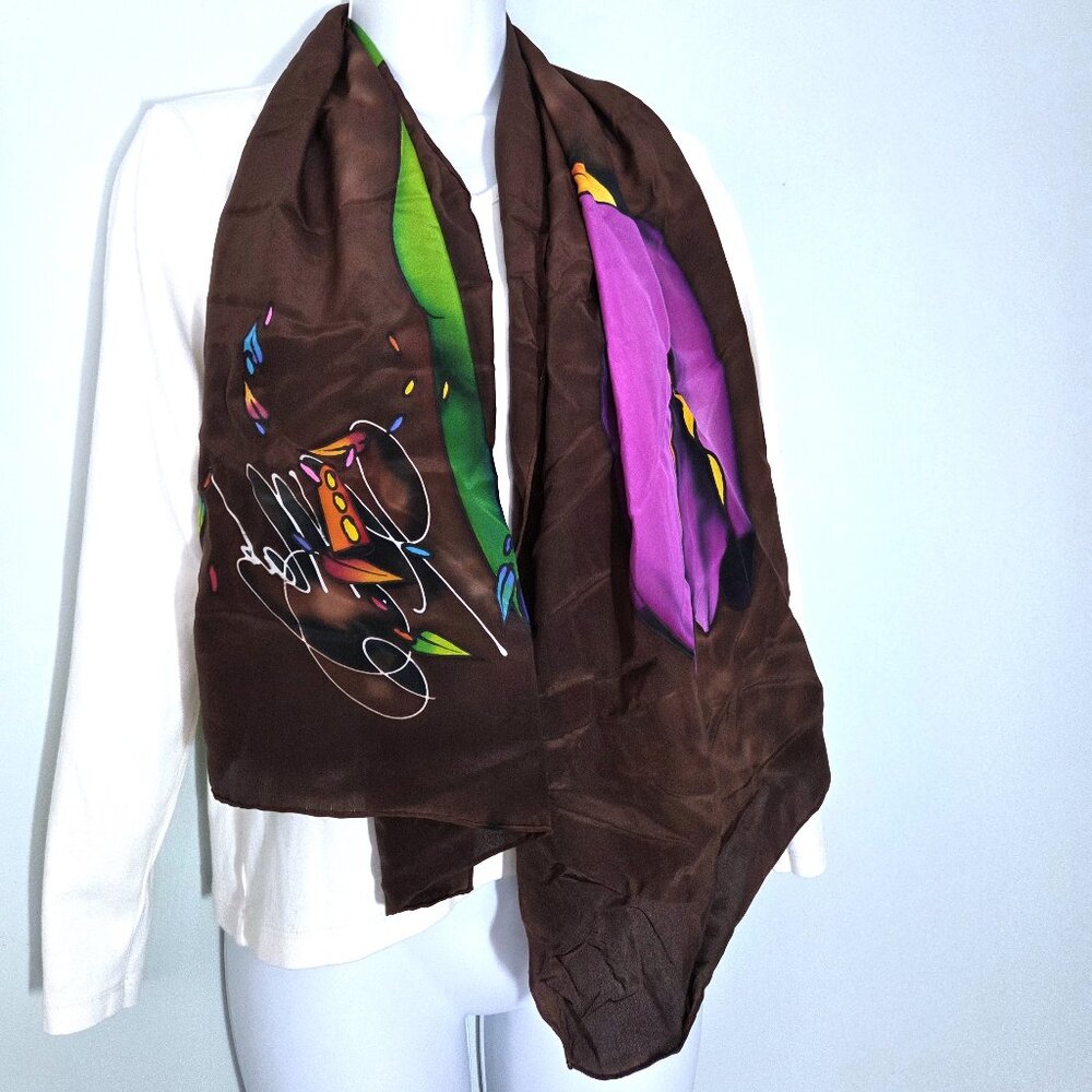 NWOT Henk Mak Signed Hand Painted Silk Satin Tulip Scarf in Brown Green & Purple